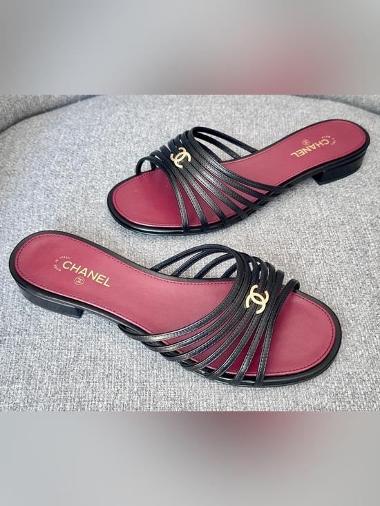 CHANEL Shoes - NEW CHANEL BLAZY Black strappy Leather GOLD CC FLIP FLOP Slides Flat Sandals 37C